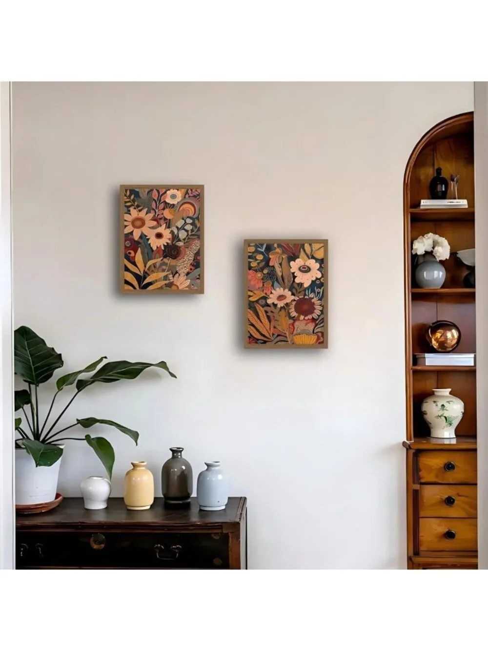 Set of 2 Orange Floral Canvas Wall Art - Bohemian Mid Century Decor for Home